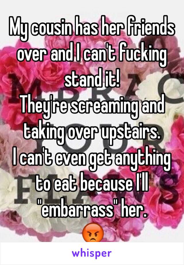 My cousin has her friends over and I can't fucking stand it!
They're screaming and taking over upstairs.
I can't even get anything to eat because I'll "embarrass" her.
😡