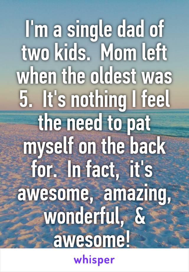 I'm a single dad of two kids.  Mom left when the oldest was 5.  It's nothing I feel the need to pat myself on the back for.  In fact,  it's  awesome,  amazing, wonderful,  & awesome! 