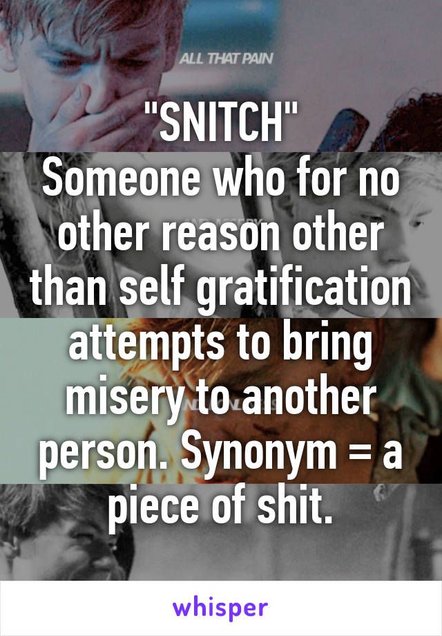 "SNITCH"
Someone who for no other reason other than self gratification attempts to bring misery to another person. Synonym = a piece of shit.