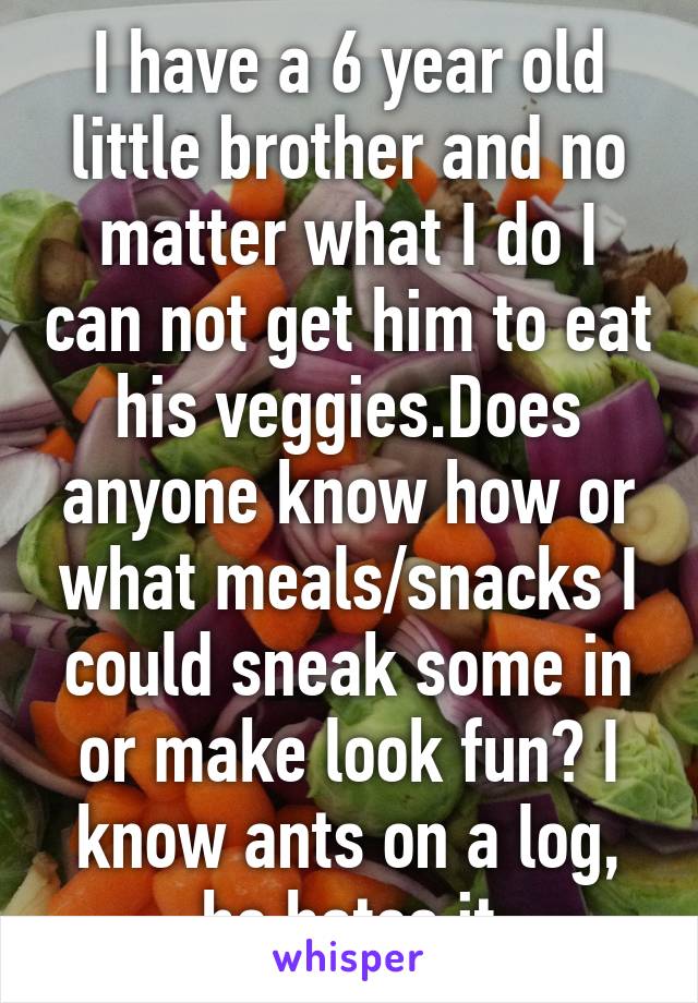 I have a 6 year old little brother and no matter what I do I can not get him to eat his veggies.Does anyone know how or what meals/snacks I could sneak some in or make look fun? I know ants on a log, he hates it