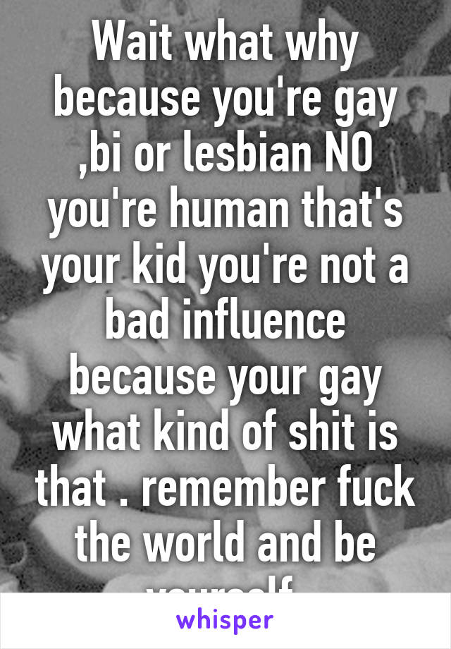 Wait what why because you're gay ,bi or lesbian NO you're human that's your kid you're not a bad influence because your gay what kind of shit is that . remember fuck the world and be yourself 