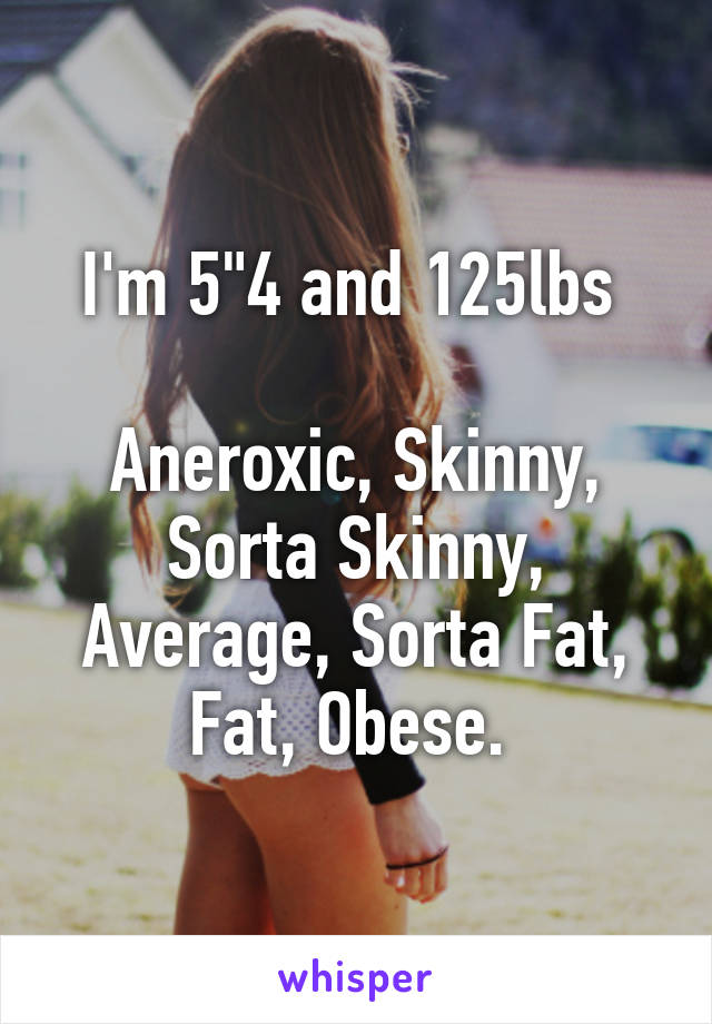 I'm 5"4 and 125lbs 

Aneroxic, Skinny, Sorta Skinny, Average, Sorta Fat, Fat, Obese. 