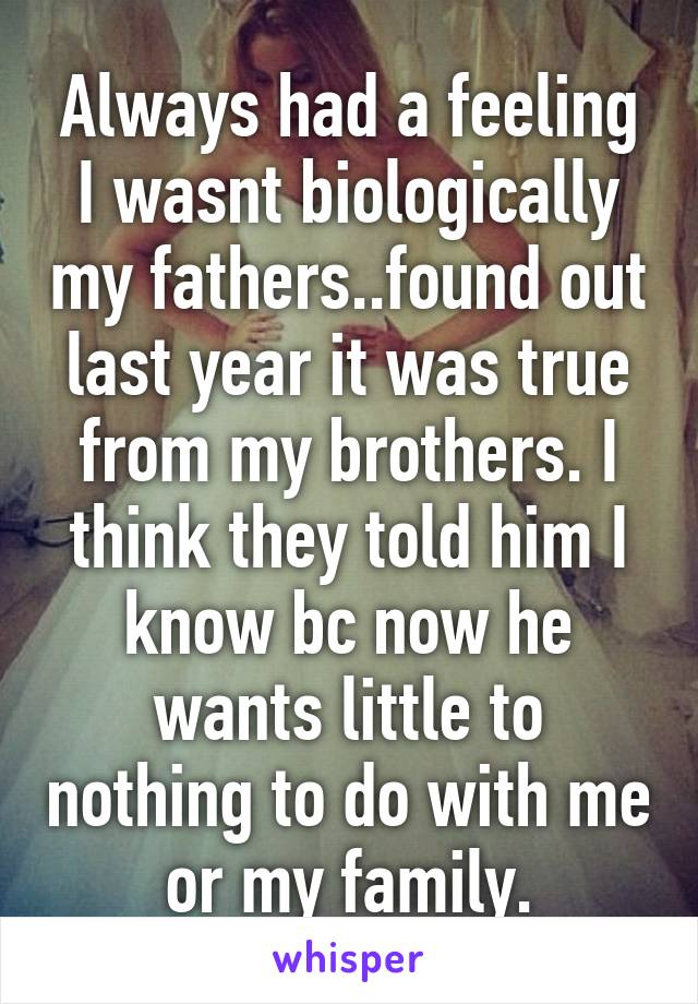 Always had a feeling I wasnt biologically my fathers..found out last year it was true from my brothers. I think they told him I know bc now he wants little to nothing to do with me or my family.