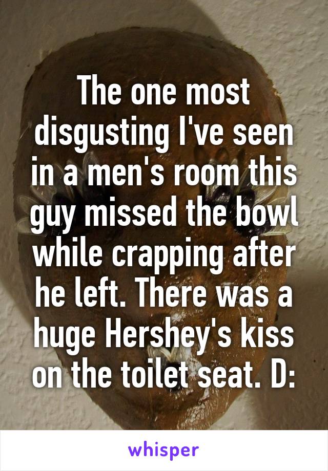 The one most disgusting I've seen in a men's room this guy missed the bowl while crapping after he left. There was a huge Hershey's kiss on the toilet seat. D: