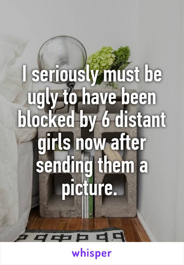 I seriously must be ugly to have been blocked by 6 distant girls now after sending them a picture. 