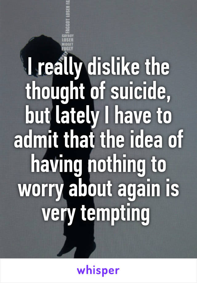 I really dislike the thought of suicide, but lately I have to admit that the idea of having nothing to worry about again is very tempting 