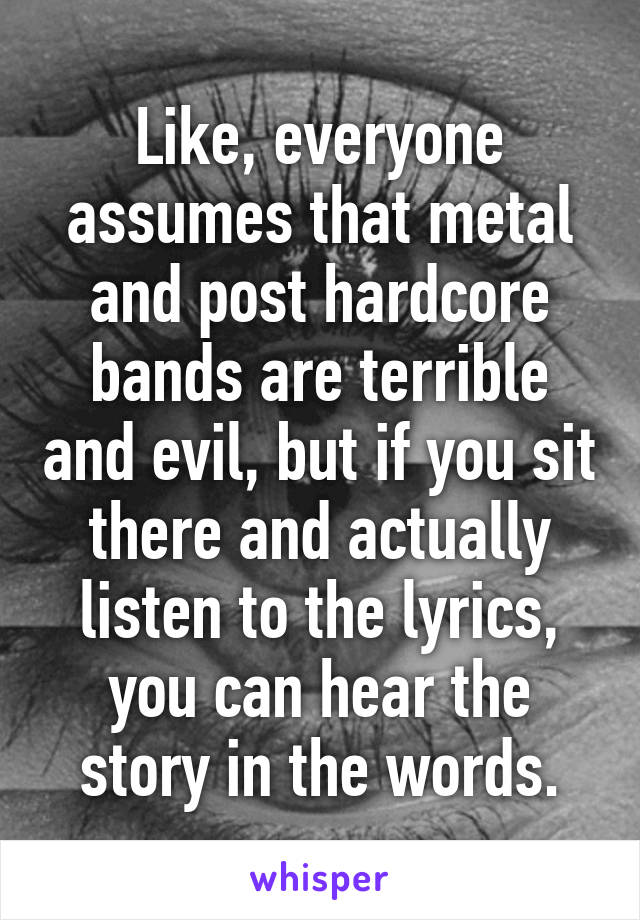 Like, everyone assumes that metal and post hardcore bands are terrible and evil, but if you sit there and actually listen to the lyrics, you can hear the story in the words.