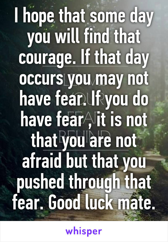 I hope that some day you will find that courage. If that day occurs you may not have fear. If you do have fear , it is not that you are not afraid but that you pushed through that fear. Good luck mate. 