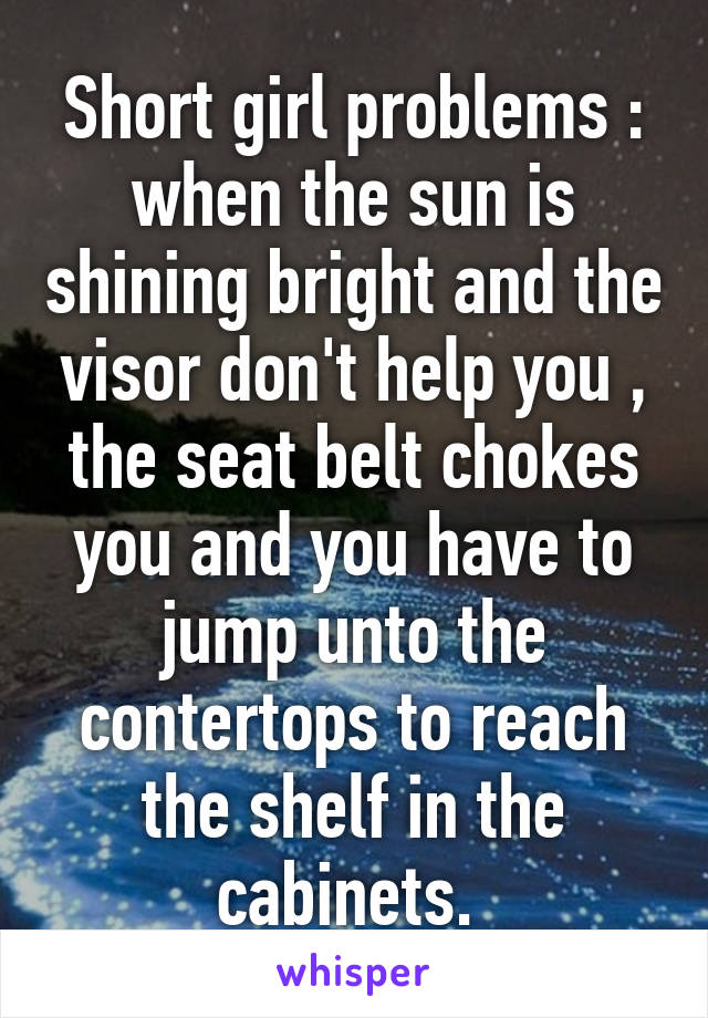 Short girl problems : when the sun is shining bright and the visor don't help you , the seat belt chokes you and you have to jump unto the contertops to reach the shelf in the cabinets. 