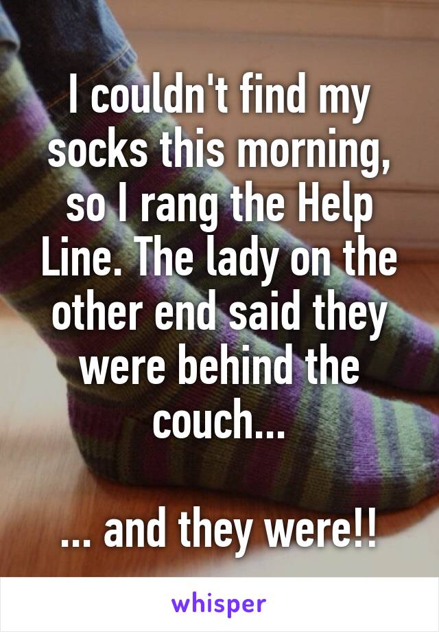 I couldn't find my socks this morning, so I rang the Help Line. The lady on the other end said they were behind the couch...

... and they were!!