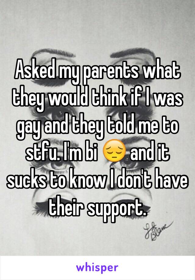 Asked my parents what they would think if I was gay and they told me to stfu. I'm bi 😔 and it sucks to know I don't have their support. 
