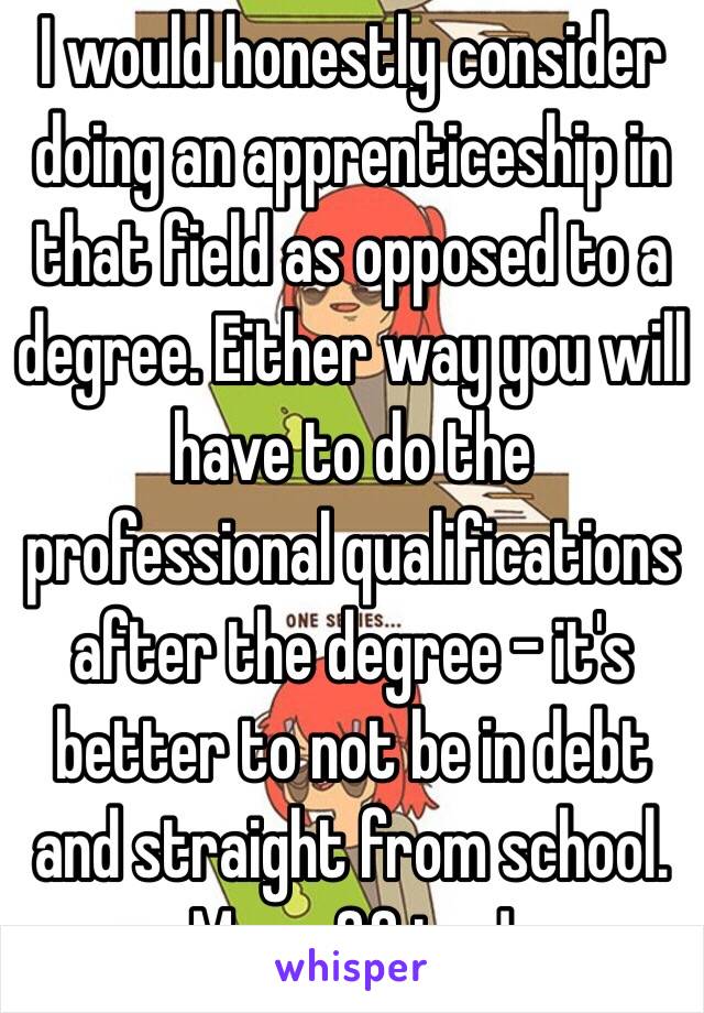 I would honestly consider doing an apprenticeship in that field as opposed to a degree. Either way you will have to do the professional qualifications after the degree - it's better to not be in debt and straight from school. More ££ too!