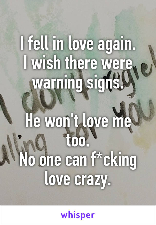 I fell in love again.
I wish there were warning signs.

He won't love me too.
No one can f*cking love crazy.