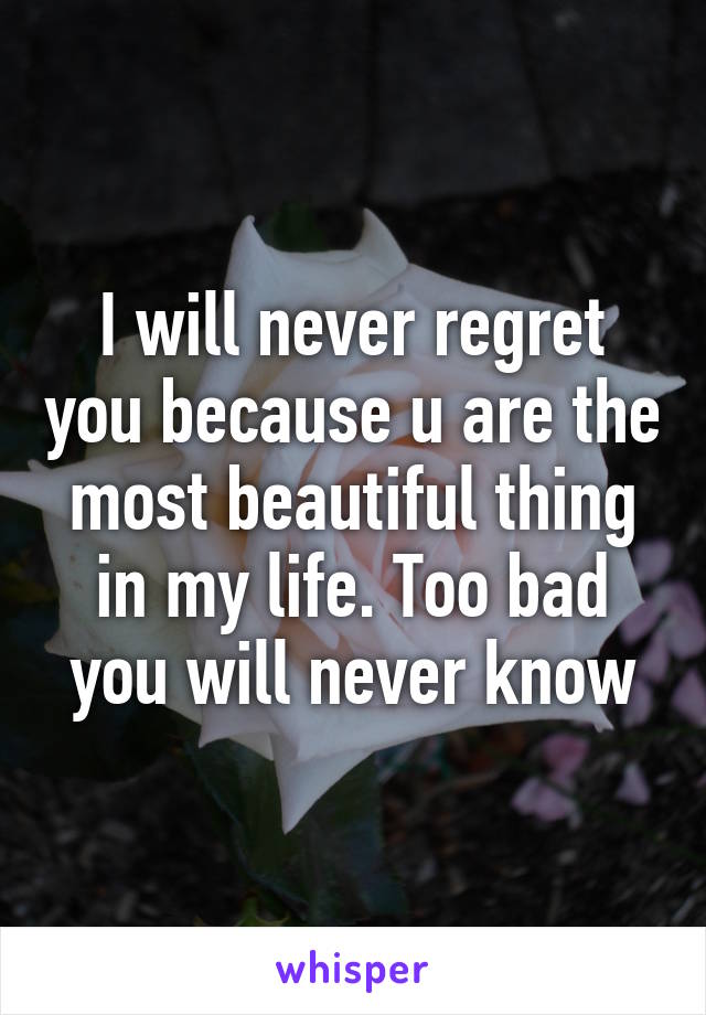 I will never regret you because u are the most beautiful thing in my life. Too bad you will never know