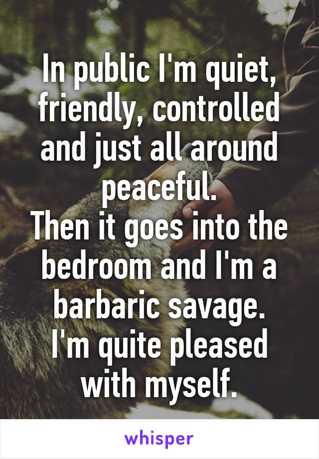 In public I'm quiet, friendly, controlled and just all around peaceful.
Then it goes into the bedroom and I'm a barbaric savage.
I'm quite pleased with myself.