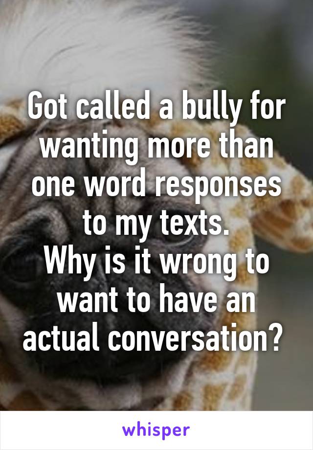 Got called a bully for wanting more than one word responses to my texts.
Why is it wrong to want to have an actual conversation? 