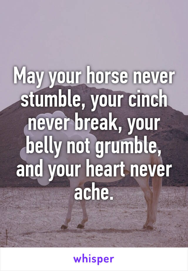 May your horse never stumble, your cinch never break, your belly not grumble, and your heart never ache.