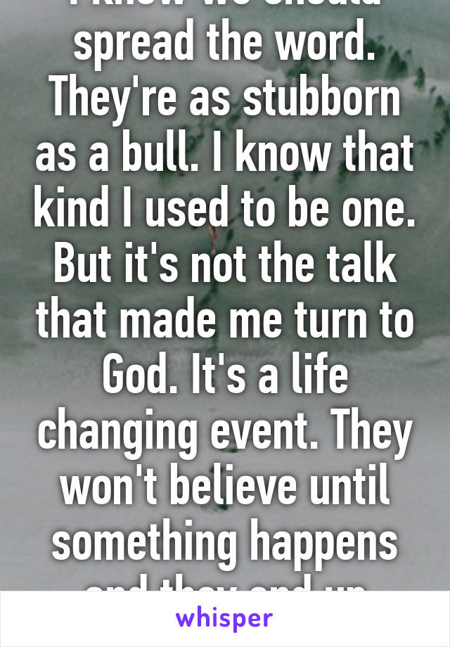 I know we should spread the word. They're as stubborn as a bull. I know that kind I used to be one. But it's not the talk that made me turn to God. It's a life changing event. They won't believe until something happens and they end up praying to God