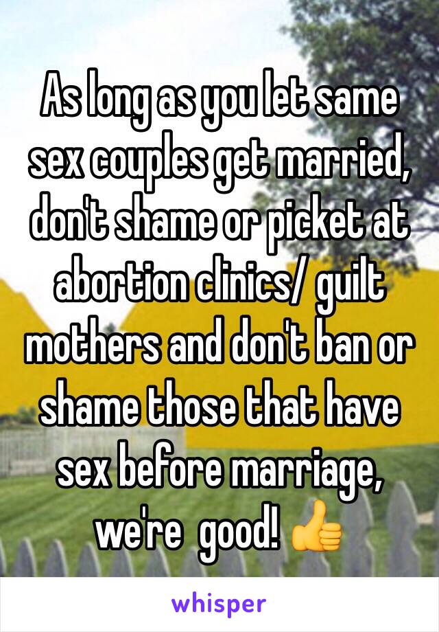 As long as you let same sex couples get married, don't shame or picket at abortion clinics/ guilt mothers and don't ban or shame those that have sex before marriage, we're  good! 👍