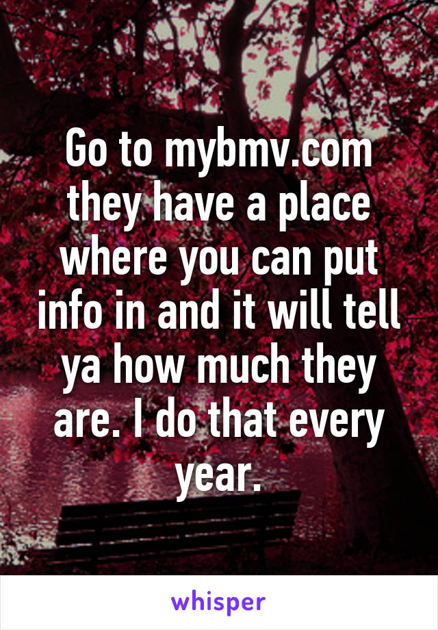 Go to mybmv.com they have a place where you can put info in and it will tell ya how much they are. I do that every year.