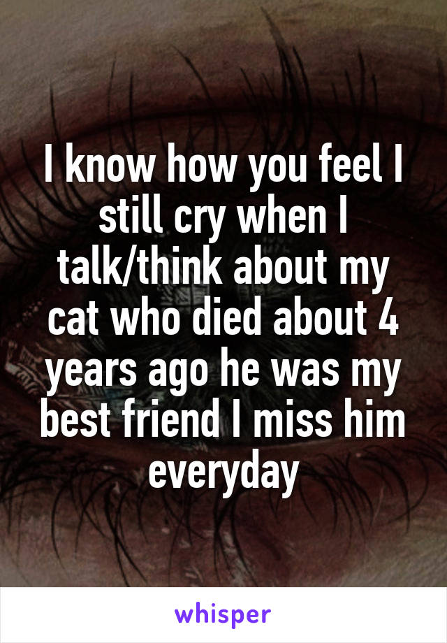 I know how you feel I still cry when I talk/think about my cat who died about 4 years ago he was my best friend I miss him everyday