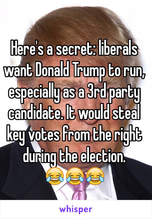 Here's a secret: liberals want Donald Trump to run, especially as a 3rd party candidate. It would steal key votes from the right during the election. 
😂😂😂