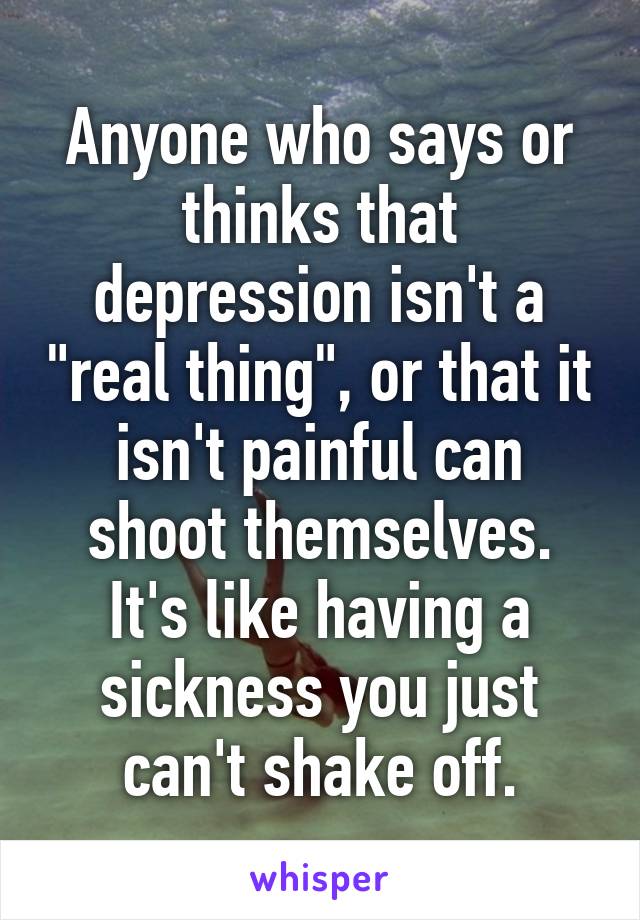 Anyone who says or thinks that depression isn't a "real thing", or that it isn't painful can shoot themselves. It's like having a sickness you just can't shake off.