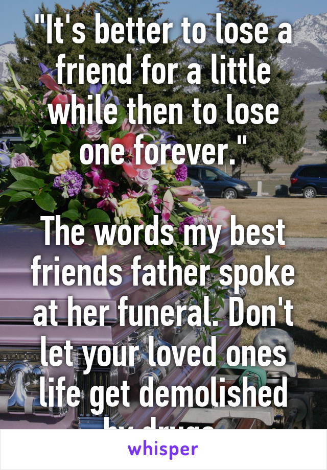 "It's better to lose a friend for a little while then to lose one forever."

The words my best friends father spoke at her funeral. Don't let your loved ones life get demolished by drugs.
