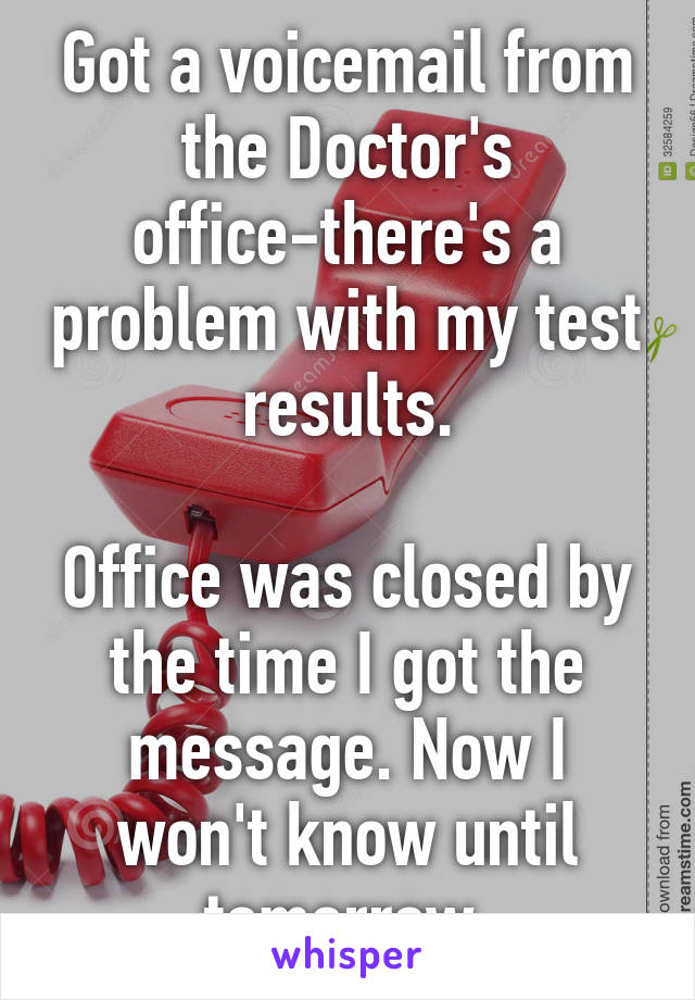 Got a voicemail from the Doctor's office-there's a problem with my test results.

Office was closed by the time I got the message. Now I won't know until tomorrow.