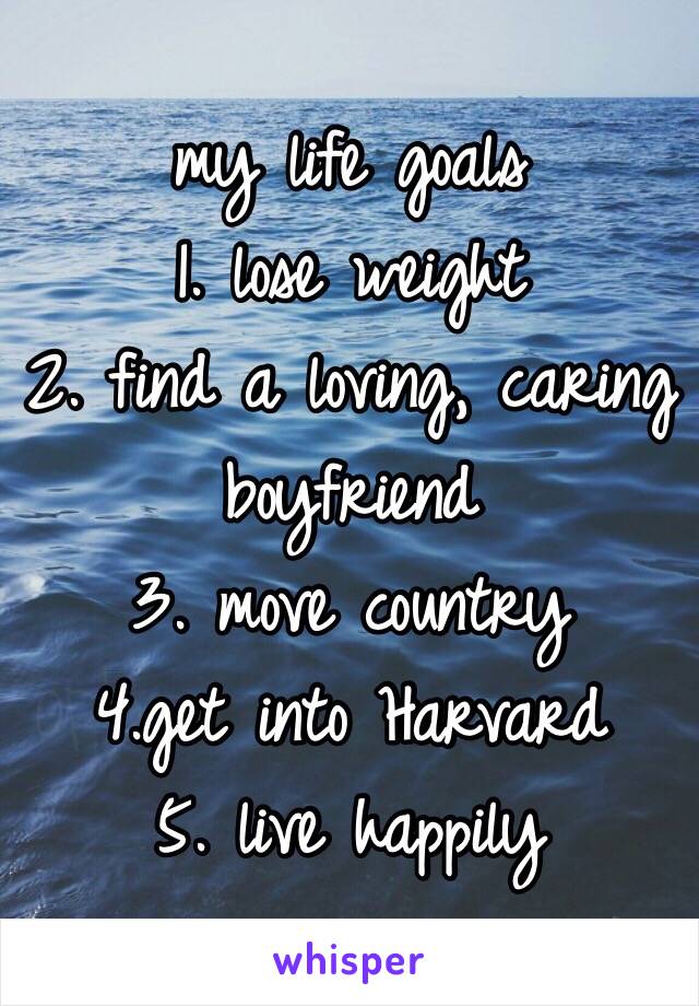 my life goals
1. lose weight
2. find a loving, caring boyfriend 
3. move country 
4.get into Harvard
5. live happily 