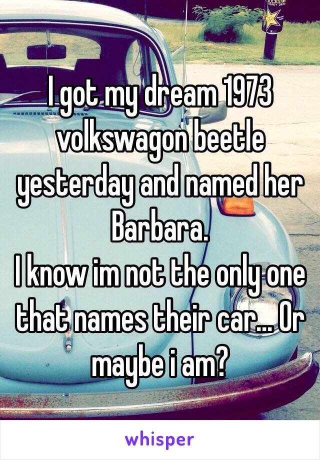 I got my dream 1973 volkswagon beetle yesterday and named her Barbara.
I know im not the only one that names their car... Or maybe i am? 