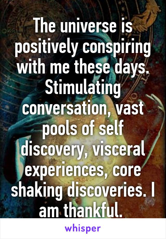 The universe is positively conspiring with me these days. Stimulating conversation, vast pools of self discovery, visceral experiences, core shaking discoveries. I am thankful. 