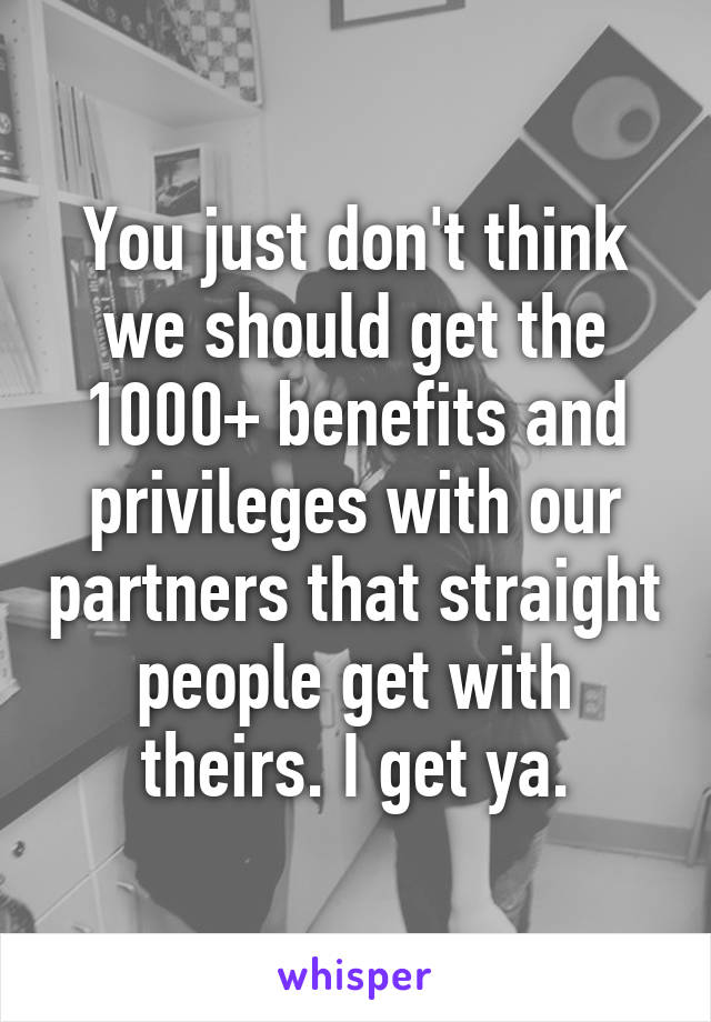 You just don't think we should get the 1000+ benefits and privileges with our partners that straight people get with theirs. I get ya.