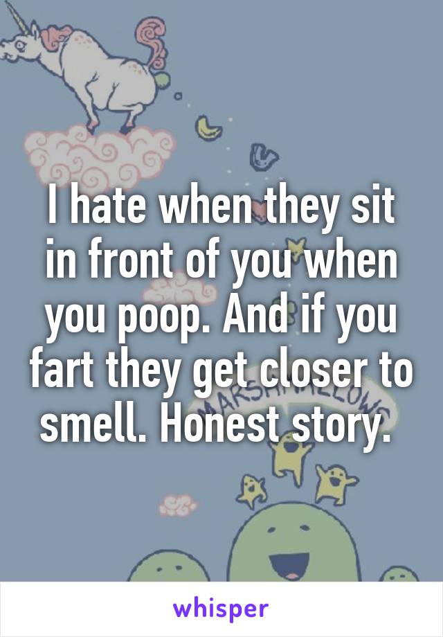 I hate when they sit in front of you when you poop. And if you fart they get closer to smell. Honest story. 