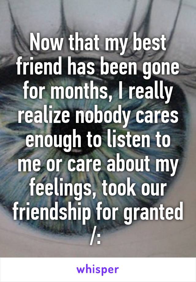 Now that my best friend has been gone for months, I really realize nobody cares enough to listen to me or care about my feelings, took our friendship for granted /: 