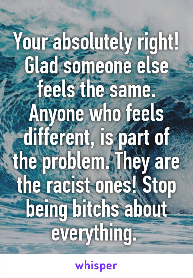 Your absolutely right! Glad someone else feels the same. Anyone who feels different, is part of the problem. They are the racist ones! Stop being bitchs about everything. 