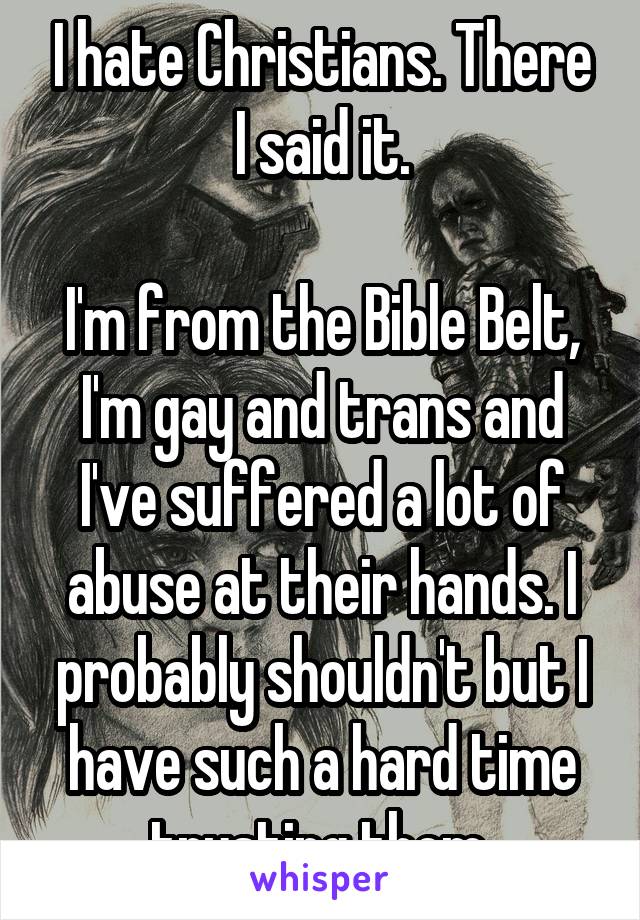 I hate Christians. There I said it.

I'm from the Bible Belt, I'm gay and trans and I've suffered a lot of abuse at their hands. I probably shouldn't but I have such a hard time trusting them.