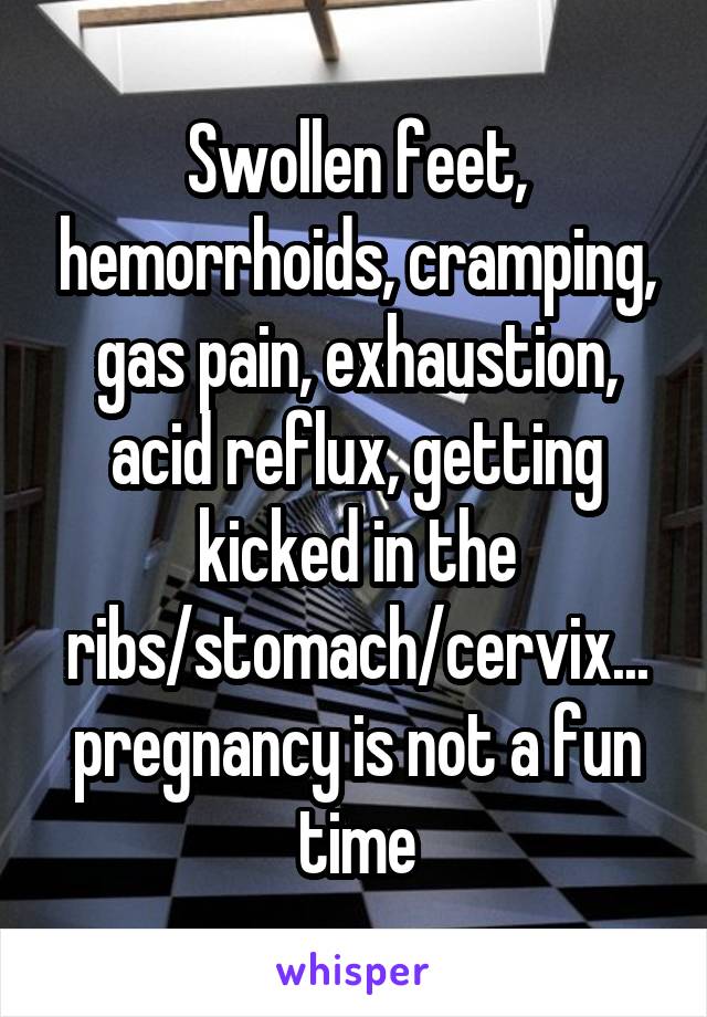 Swollen feet, hemorrhoids, cramping, gas pain, exhaustion, acid reflux, getting kicked in the ribs/stomach/cervix... pregnancy is not a fun time