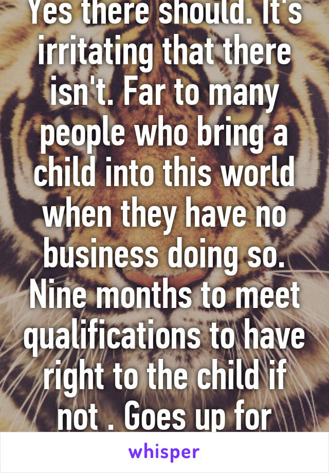 Yes there should. It's irritating that there isn't. Far to many people who bring a child into this world when they have no business doing so. Nine months to meet qualifications to have right to the child if not . Goes up for Adoption then. 