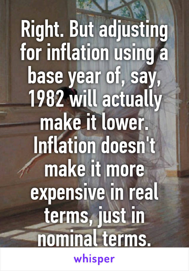 Right. But adjusting for inflation using a base year of, say, 1982 will actually make it lower. Inflation doesn't make it more expensive in real terms, just in nominal terms.