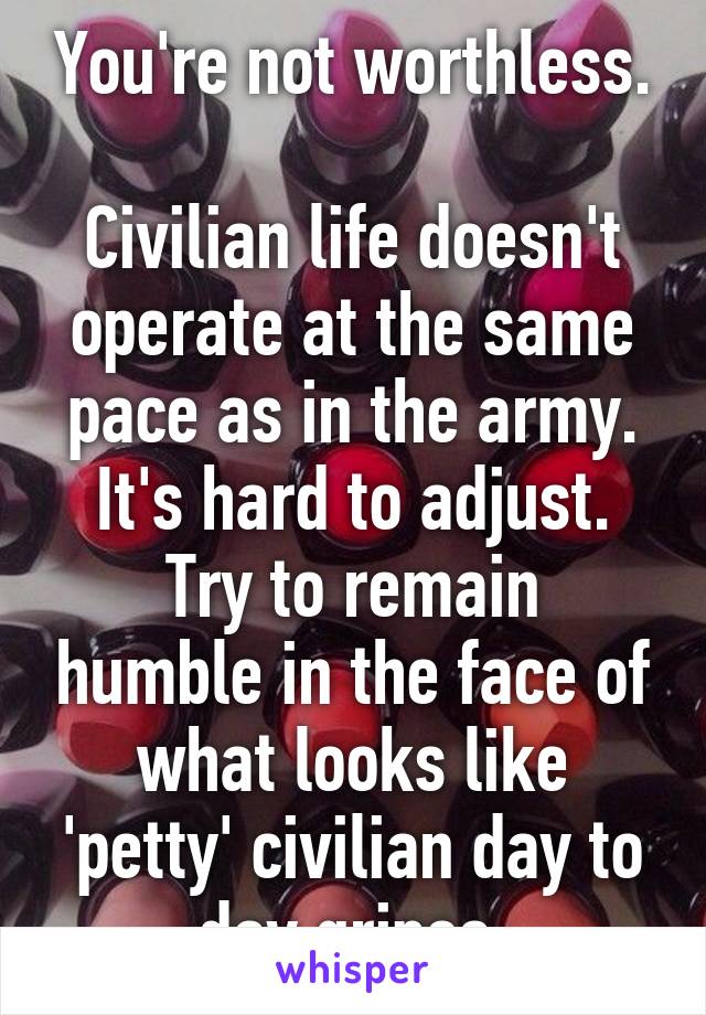 You're not worthless.

Civilian life doesn't operate at the same pace as in the army. It's hard to adjust.
Try to remain humble in the face of what looks like 'petty' civilian day to day gripes.