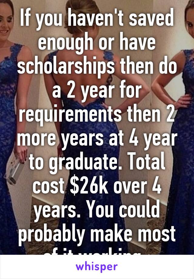 If you haven't saved enough or have scholarships then do a 2 year for requirements then 2 more years at 4 year to graduate. Total cost $26k over 4 years. You could probably make most of it working. 