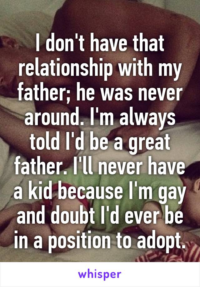 I don't have that relationship with my father; he was never around. I'm always told I'd be a great father. I'll never have a kid because I'm gay and doubt I'd ever be in a position to adopt.