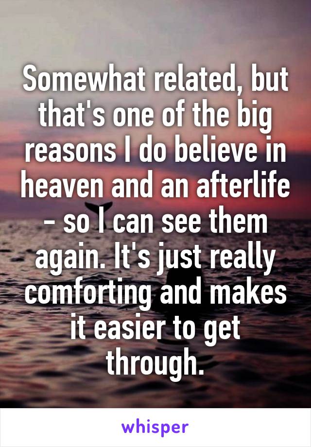 Somewhat related, but that's one of the big reasons I do believe in heaven and an afterlife - so I can see them again. It's just really comforting and makes it easier to get through.