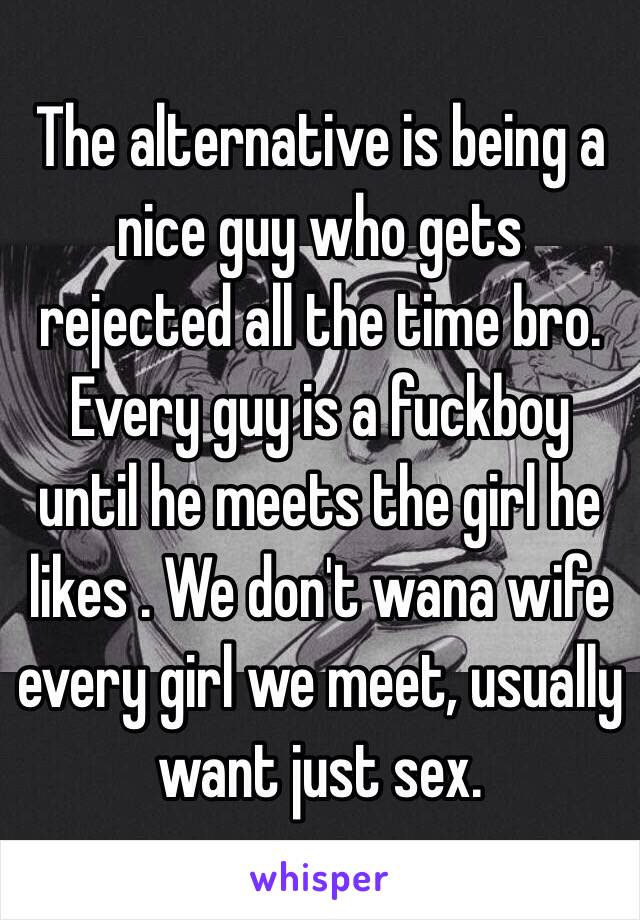 The alternative is being a nice guy who gets rejected all the time bro. Every guy is a fuckboy until he meets the girl he likes . We don't wana wife every girl we meet, usually want just sex.