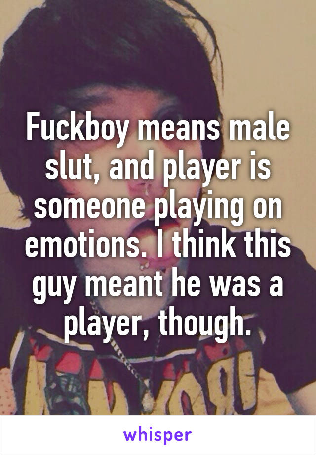 Fuckboy means male slut, and player is someone playing on emotions. I think this guy meant he was a player, though.