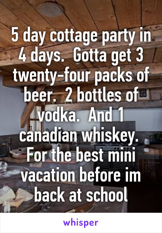 5 day cottage party in 4 days.  Gotta get 3 twenty-four packs of beer.  2 bottles of vodka.  And 1 canadian whiskey.  For the best mini vacation before im back at school