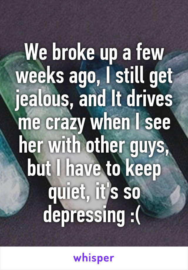 We broke up a few weeks ago, I still get jealous, and It drives me crazy when I see her with other guys, but I have to keep quiet, it's so depressing :( 