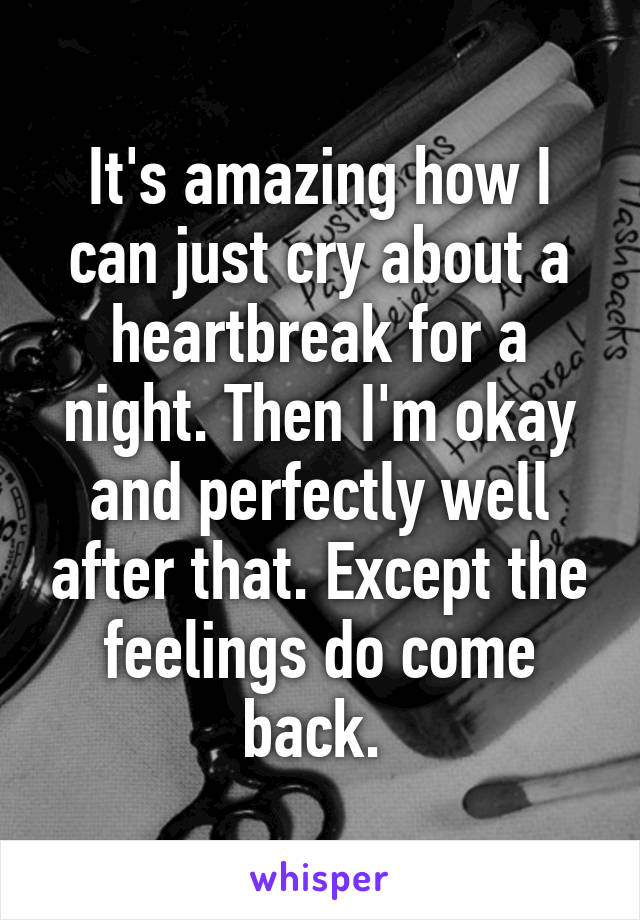 It's amazing how I can just cry about a heartbreak for a night. Then I'm okay and perfectly well after that. Except the feelings do come back. 