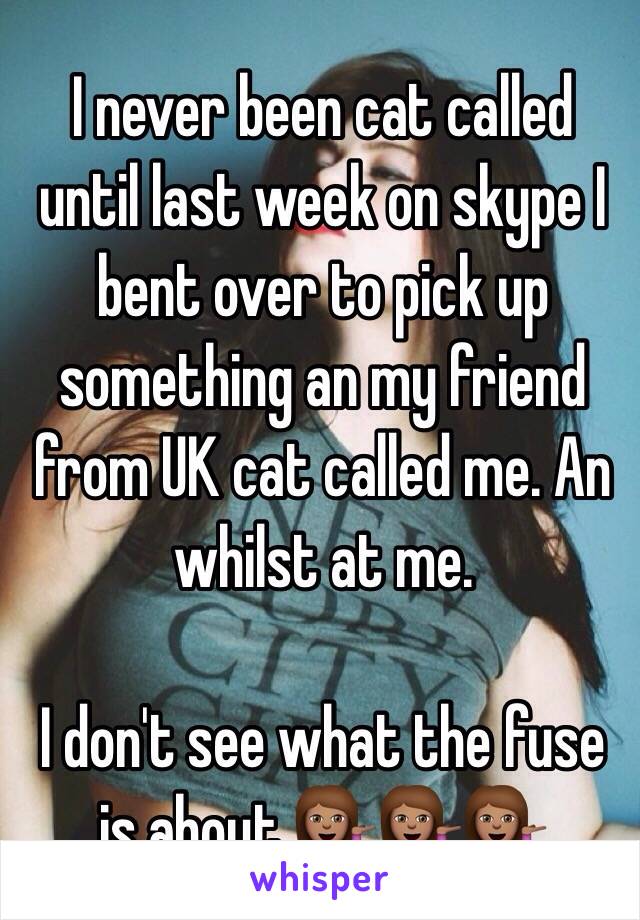 I never been cat called until last week on skype I bent over to pick up something an my friend from UK cat called me. An whilst at me.

 I don't see what the fuse is about 💁🏽💁🏽💁🏽